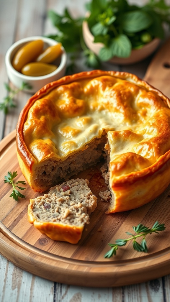 A golden-brown pork pie with a slice cut out to show the filling, surrounded by herbs and pickles.